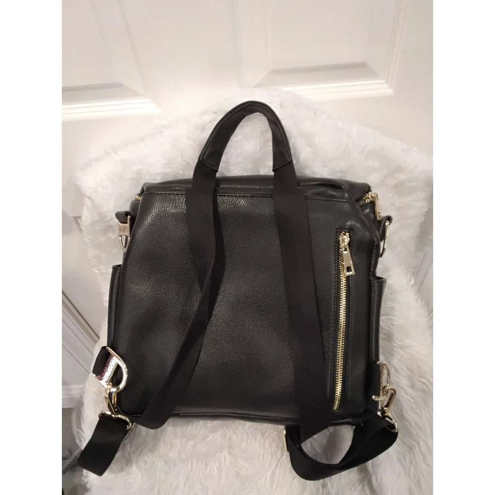 Fawn Design Diaper‎ Bag Backpack Black Faux Leather Gold Hardware Convertible